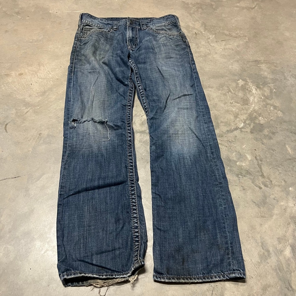 Silver Jeans Co Zac Relaxed Straight Leg Distressed Denim Blue 33x32 Mens